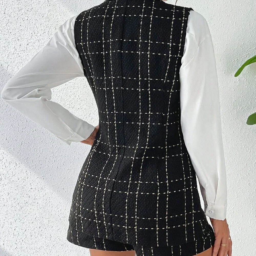 Fall Stylish Plaid Double Breasted Tweed Vest Blazer & Shorts